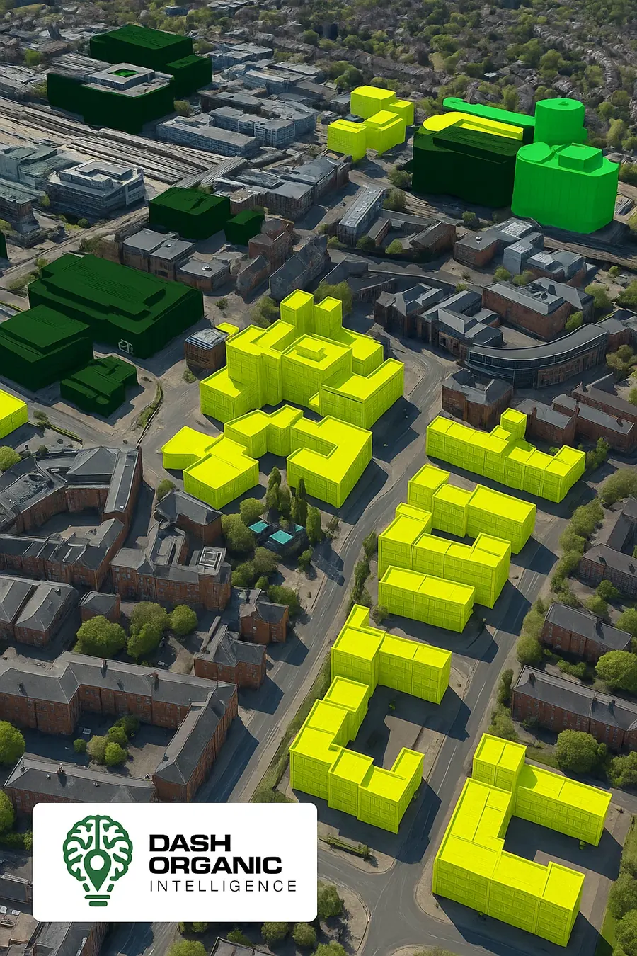 Gemelo digital con edificios resaltados en amarillo y verde