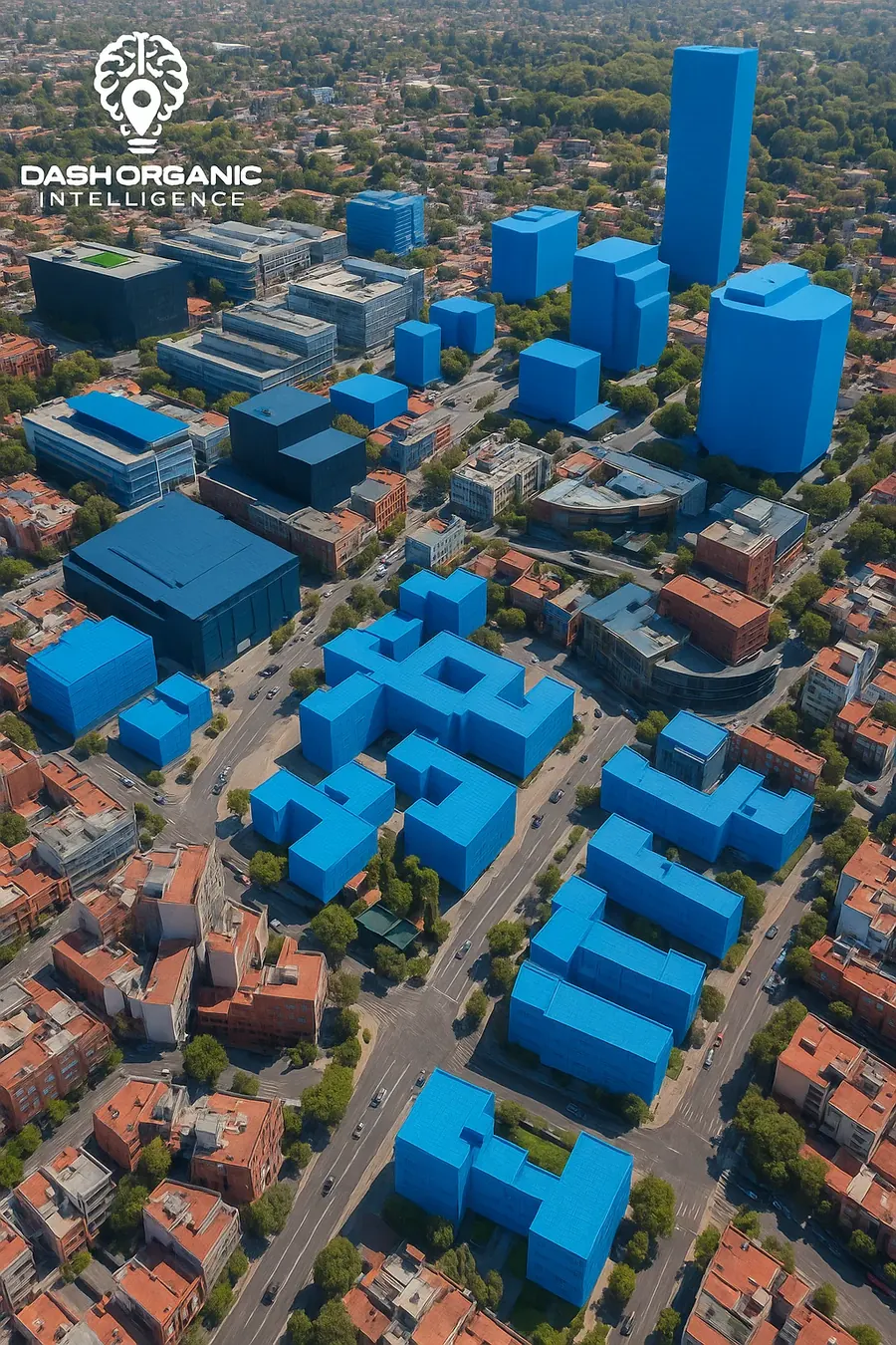 Ciudad en 3D con edificios resaltados en azul