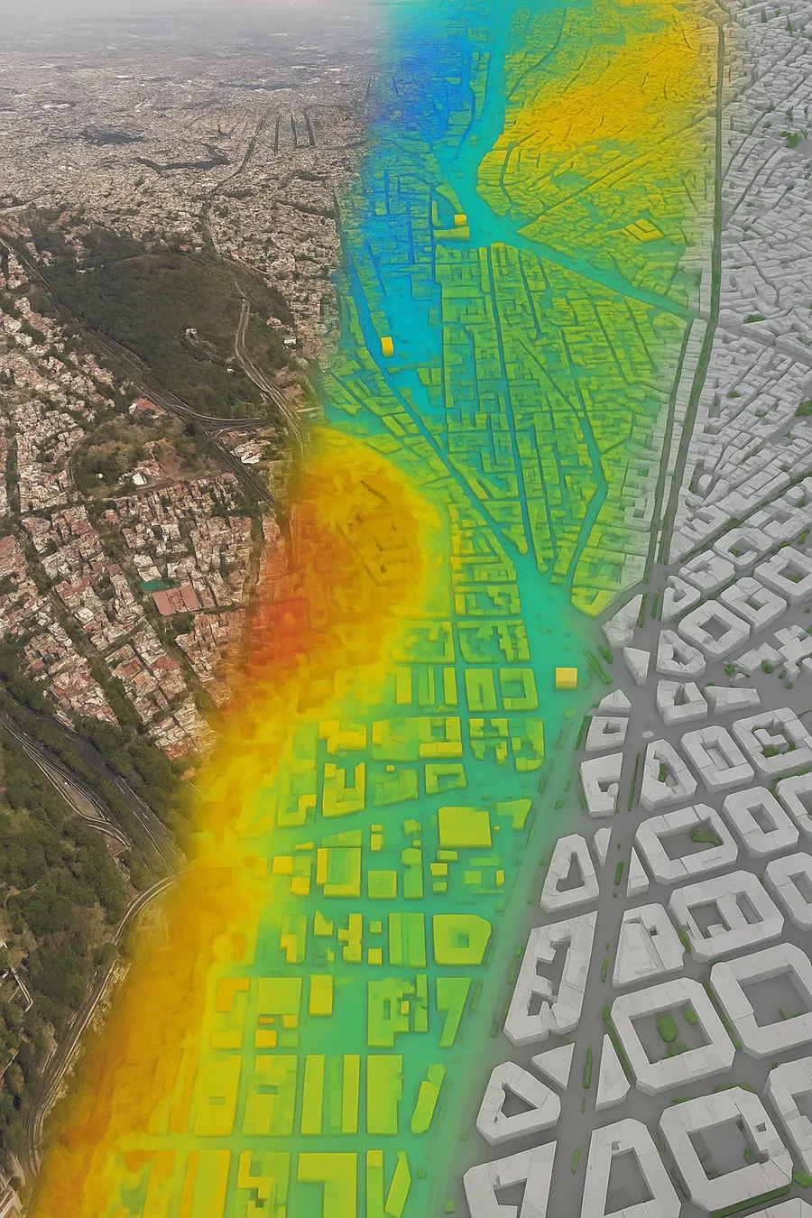 Mapa de calor de plusvalía sobre una ciudad en 3D