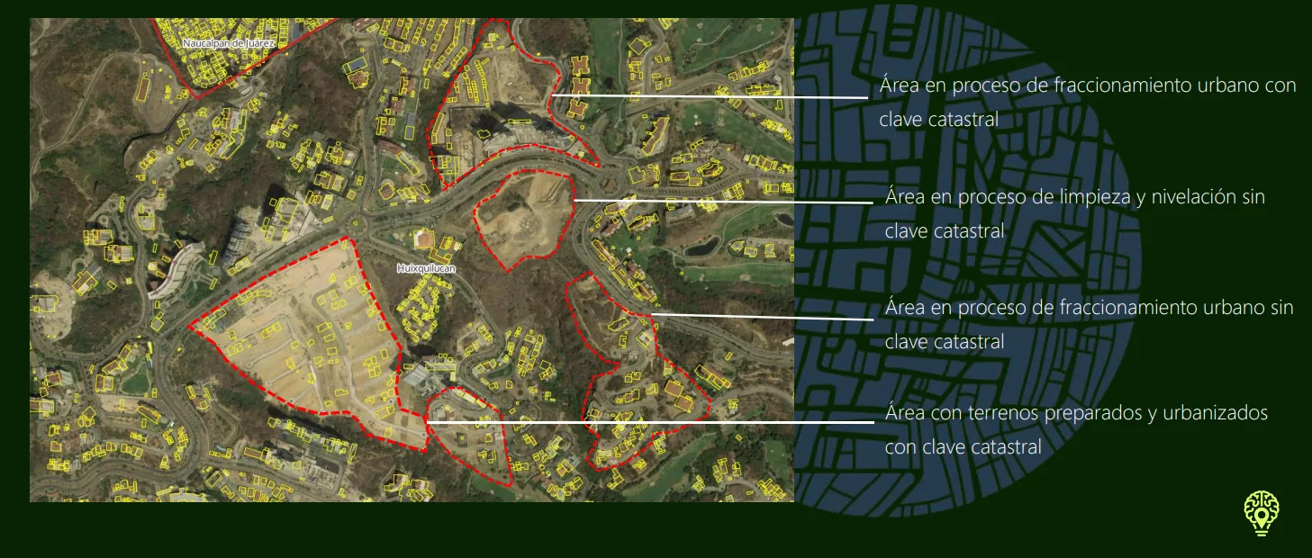 Imagen satelital de Huixquilucan con construcciones segmentadas en amarillo y cuatro áreas marcadas en rojo: fraccionamiento con clave catastral, limpieza y nivelación sin clave, fraccionamiento sin clave y terrenos urbanizados con clave