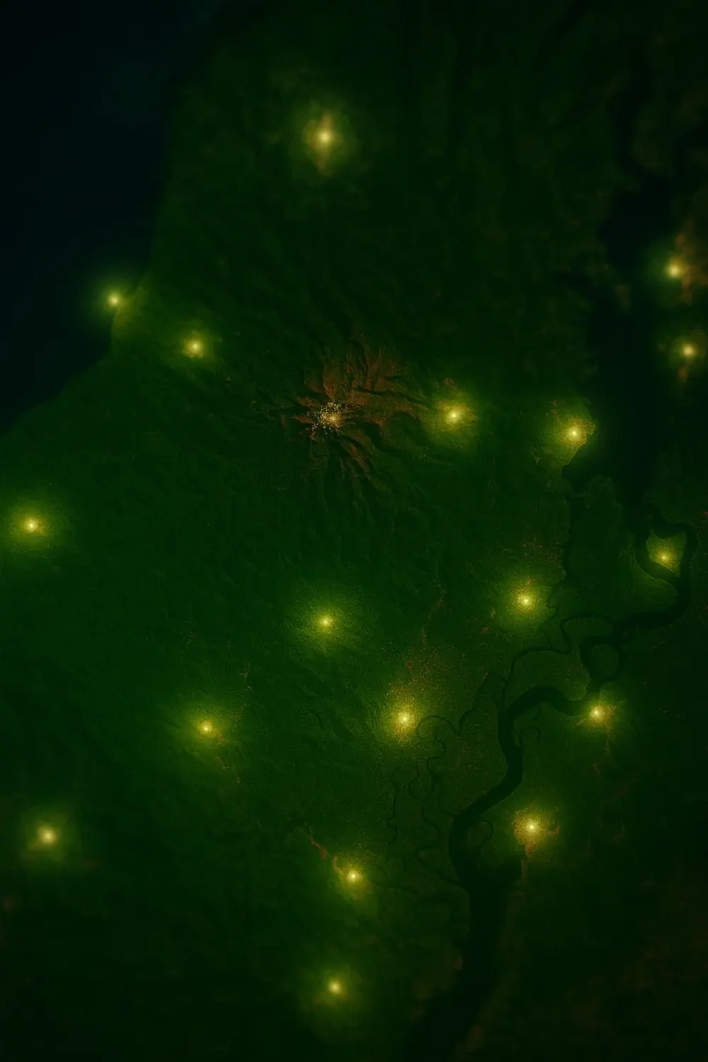 Puntos de luz sobre un relieve oscuro, vista nocturna del territorio
